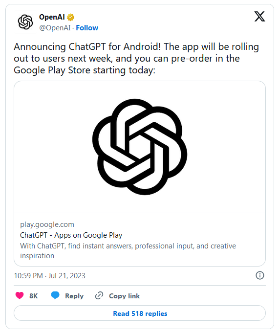  OpenAI launches ChatGPT for Android 