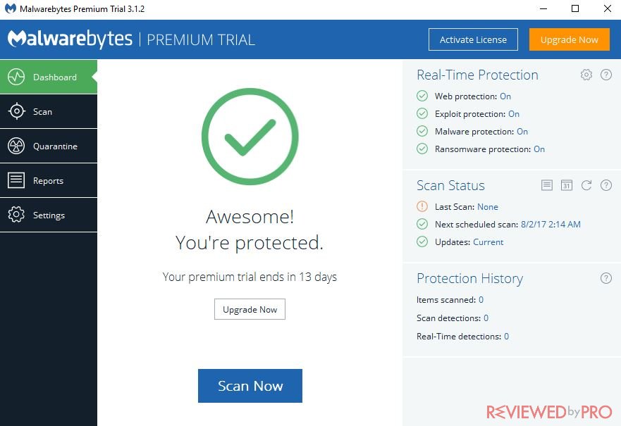 Malwarebytes main window