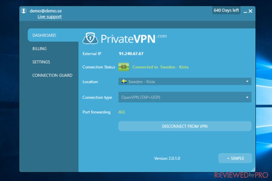 PrivateVPN Windows Connected